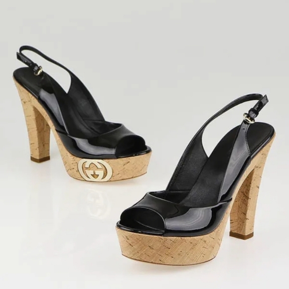 Gucci "Grease" Black Patent Leather GG Logo Platform Sandals Size 38 - Picture 1 of 6